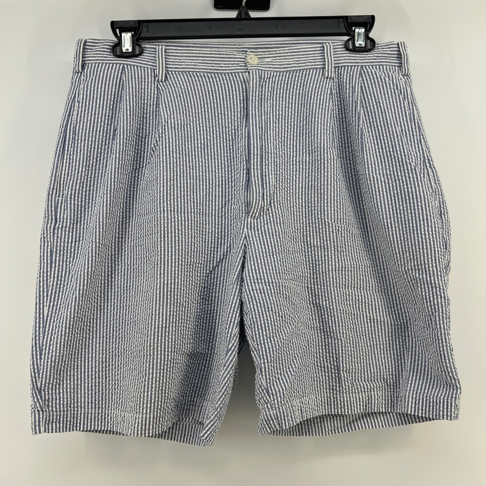 Jos. A Bank Men 36 Seersucker Shorts Blue Striped Pleated Stays Cool Cotton